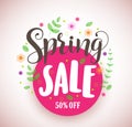 Spring sale vector design promotional banner in pink circle with colorful flowers and plants elements