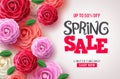 Spring sale vector flowers background. Spring sale discount text and colorful camellia flowers