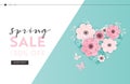 Spring Sale Website Template with Paper Cut Flowers. Spring Discount Offer Web Banner for Online Shopping with Floral Elements