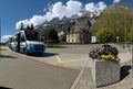 Roadside flowers and bus in the Swiss town of Walenstadt