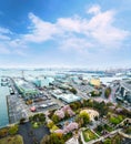 Spring scene with beautiful sakura blossom trees in Yamashita Park and Port of Yokohama and at Aerial cityscape view