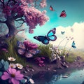 Cherry Blossom Tree with River, Flowers and Butterflies Royalty Free Stock Photo