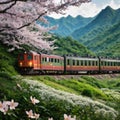 Spring scenery of a local train traveling thru a railway curve by the green wooded mountainside and the white flowers