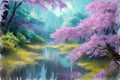 Spring scenery pink cherry blossoms art painting Royalty Free Stock Photo