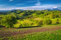 Spring scenery with plowed farmland and green forest, Holbav, Romania Royalty Free Stock Photo