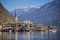 Spring in the scenic view of famous destination. Hallstatt village in the Austrian Alps with Hallstattersee lake , Maria am Berg c Royalty Free Stock Photo