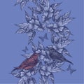 Spring seamless background with birds and butterflies, hand-drawing. Vector illustration.