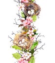 Spring seamless border - nest, eggs, flowers, branches, spring leaves. Watercolor