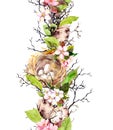 Spring seamless border - nest, eggs, flowers, branches, spring leaves. Watercolor