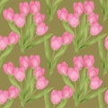 Spring seamless floral tulip pattern on green