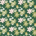 Spring seamless floristic pattern with abstract chamomile figures. Green background