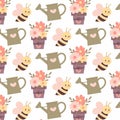 Spring seamless pattern. Bee, watering can, flowers in a pot in flat style. Pattern for textile, wrapping paper, background. Royalty Free Stock Photo