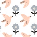 Spring seamless pattern. Birds folk nordic floral ornament. Paper cut animals in flat modern scandinavian style. Hand drawn Royalty Free Stock Photo