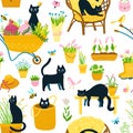 Spring seamless pattern with black cats in a simple hand-drawn cartoon style. Gardening theme. Vector childish colorful Royalty Free Stock Photo