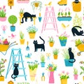 Spring seamless pattern with black cats in a simple hand-drawn cartoon style. Vector childish colorful illustrations of funny Royalty Free Stock Photo