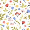 Spring seamless pattern with blooming plants on white background. Floral backdrop with meadow flowers, berries Royalty Free Stock Photo