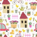 Spring seamless pattern with cartoon cats on bicycles, houses, watering can, plants, dÃÂ©cor elements. Royalty Free Stock Photo