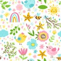 Spring seamless pattern in cartoon style. Colorful childish doodle with simple birds, a bee and flowers. Sun, rainbow Royalty Free Stock Photo
