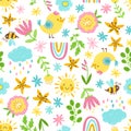 Spring seamless pattern in cartoon style. Colorful childish doodle with simple birds, a bee and flowers. Sun, rainbow Royalty Free Stock Photo