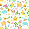 Spring seamless pattern in cartoon style. Colorful childish doodle with simple birds, a bee and flowers. Sun, rainbow Royalty Free Stock Photo