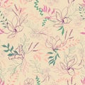 Spring seamless pattern with contour flowers on a beige background. vintage texture for dress fabric, bed linen and home textile