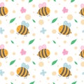 Spring seamless pattern with cute bees, flowers and leaves Royalty Free Stock Photo