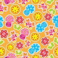 Spring seamless pattern with cute butterfly, mushroom, and flower cartoon Royalty Free Stock Photo