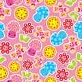 Spring seamless pattern with cute butterfly, mushroom, and flower cartoon on pink background Royalty Free Stock Photo