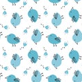 Spring seamless pattern with cute doodle birds and blue flowers Royalty Free Stock Photo