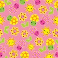 Spring seamless pattern with cute mushroom and flower cartoon on pink background Royalty Free Stock Photo