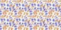 Spring Seamless Pattern. Floral elements in doodle style. Felt pen or markers Blue and orange cornflower on White