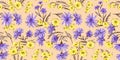 Spring Seamless Pattern. Floral elements in doodle style. Felt pen or markers Violet and yellow cornflower on Beige