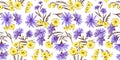 Spring Seamless Pattern. Floral elements in doodle style. Felt pen or markers Violet and yellow cornflower on White