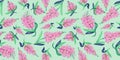 Spring Seamless Pattern of Floral elements in doodle style on green background. Pink and brown Flowers and leaf Patterns