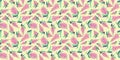Spring Seamless Pattern of Floral elements in doodle style on yellow background. Pink Flowers and green leaf Patterns Royalty Free Stock Photo