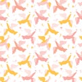 Spring seamless pattern with flying birds on a white background. Pink and yellow birds with flowers and olive branches Royalty Free Stock Photo