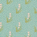 Spring seamless pattern with forest berries. Floral wild pink and green colored silhouettes on blue dotted background Royalty Free Stock Photo