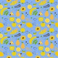 Spring seamless pattern. Fruits, berries, insects and flowers on a blue background. Royalty Free Stock Photo