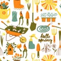 Spring seamless pattern with garden tools, flowers, birds, butterflies. Vector illustration Royalty Free Stock Photo