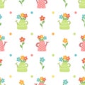 Spring seamless pattern. Garden watering cans with flowers.
