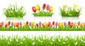 Spring seamless pattern, grass and flowers 3d vector set Royalty Free Stock Photo