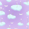 Spring seamless pattern of ice floes, first flowers and paper ships. Violet background