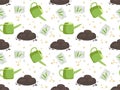 Spring seamless pattern. Plant seeding process. Green pea seeds, Soil, watering can. Vegetable organic eco farm products