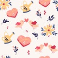 Spring seamless pattern. Romantic background with birds, flowers, watering can and sweets.