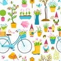 Spring seamless pattern in simple hand-drawn cartoon style. Vector childish colorful illustration of bicycle, garden gnomes, Royalty Free Stock Photo