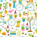 Spring seamless pattern in simple hand-drawn cartoon style. Vector childish colorful illustration of bicycle, garden gnomes, Royalty Free Stock Photo