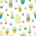 Spring seamless pattern in simple hand-drawn cartoon style. Vector childish colorful illustration with flower pots with insects, Royalty Free Stock Photo