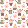 Spring seamless pattern. Spring flowers, garden watering can, cupcake, flower pot and heart in flat style. Royalty Free Stock Photo