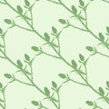 Spring Seamless Pattern With Thorn Twigs Silhouettes. Green Branches On Light Pastel Background. Botanic Artwork
