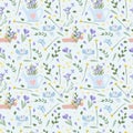 Spring seamless pattern with various flowers in a watering can, a hand holding a bouquet, a bird, hearts. Floral pattern